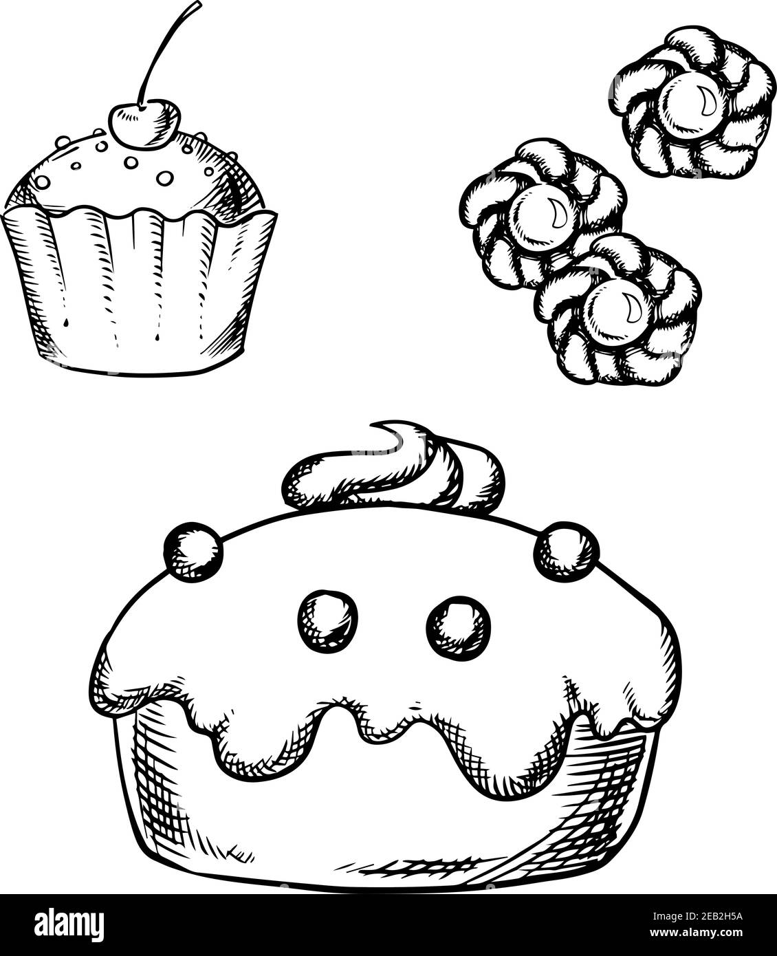 Sketch of sweet cake with glaze and cream decorations, cupcake with sprinkles and cherry on the top, sugar cookies with jam. For confectionery or past Stock Vector