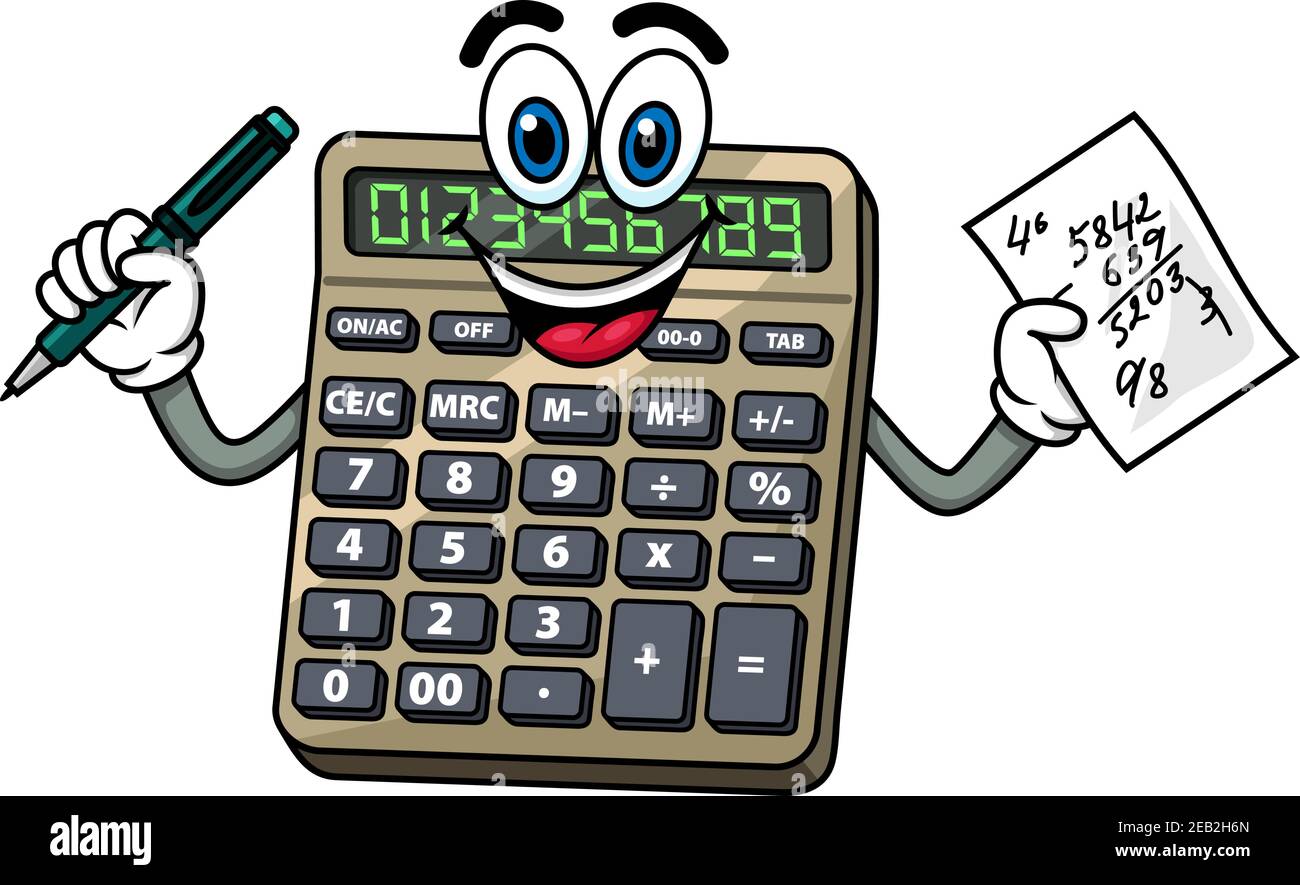 Cartoon smiling electronic calculator character with pen and note paper ...