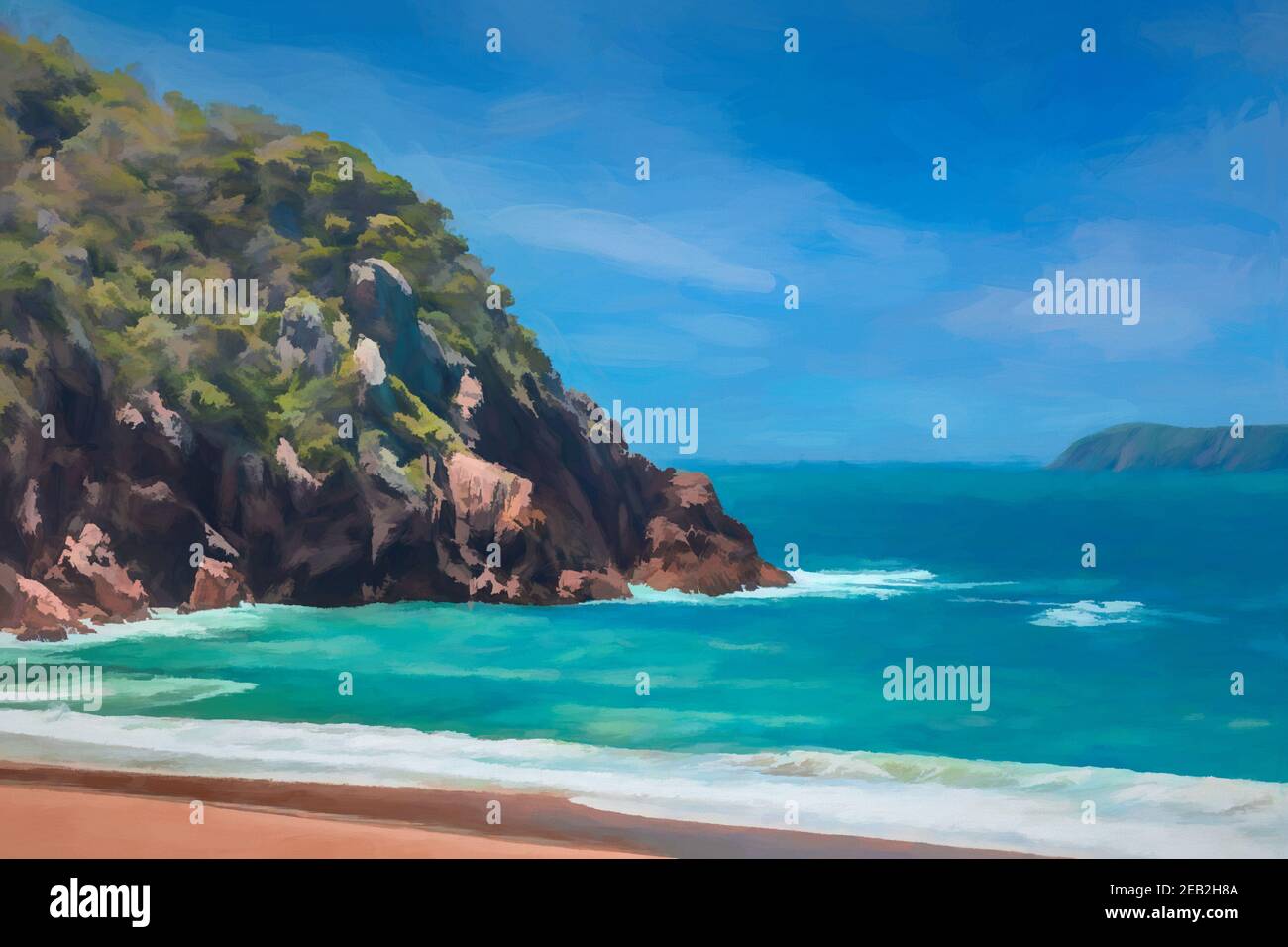 Digital painting of Zenith Beach, NSW, Australia, showing the rocky outcrop, and the outlet to the open sea. Stock Photo