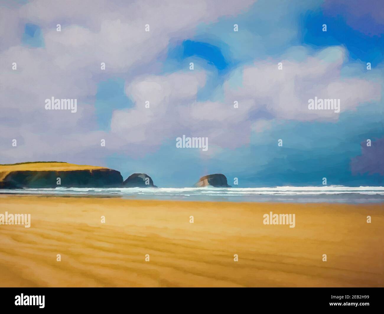 Digital painting of the view across a beach in New Zealand, with rocky outcrops. Stock Photo