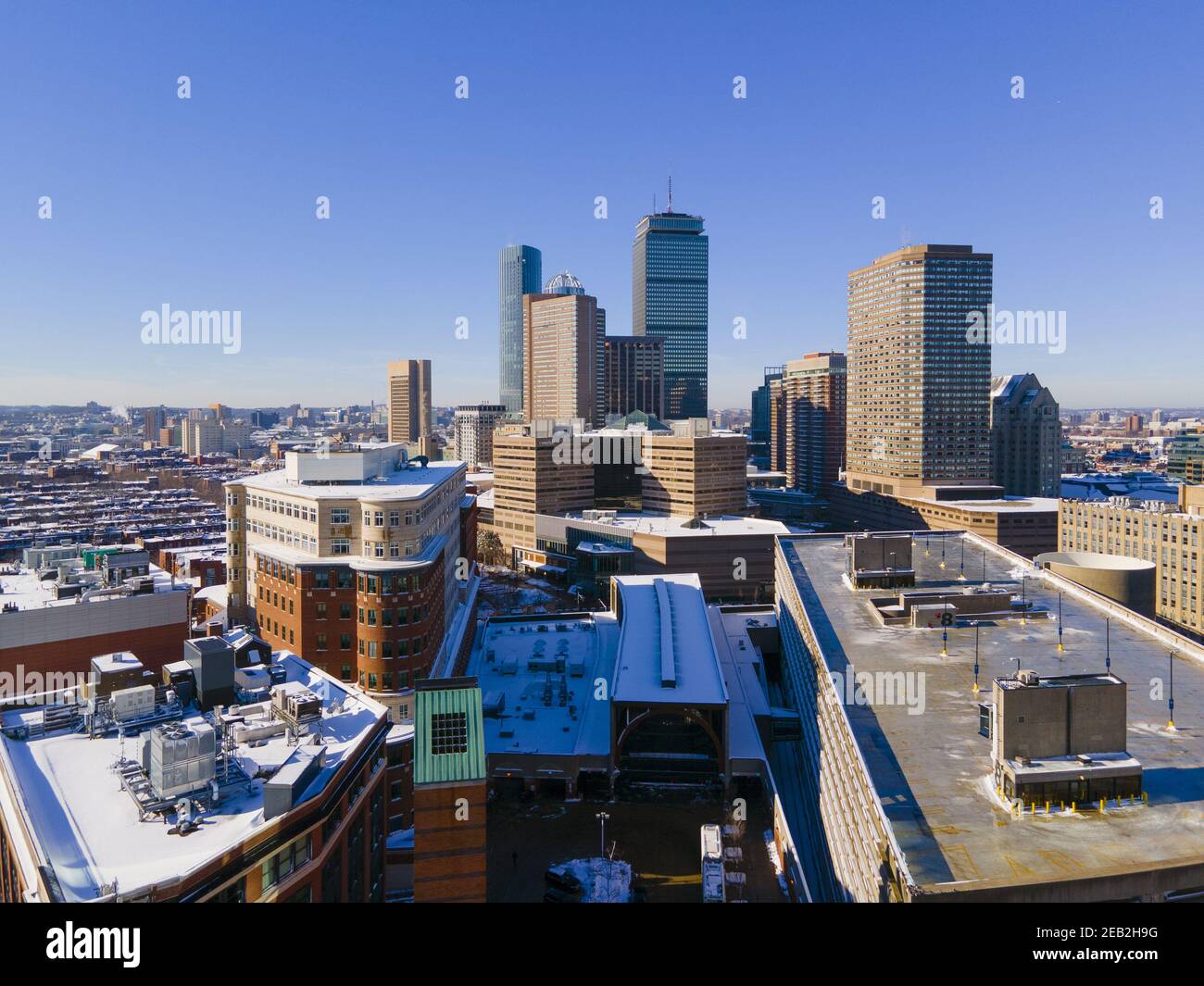 Boston Back Bay modern city skyline including Prudential Tower, and