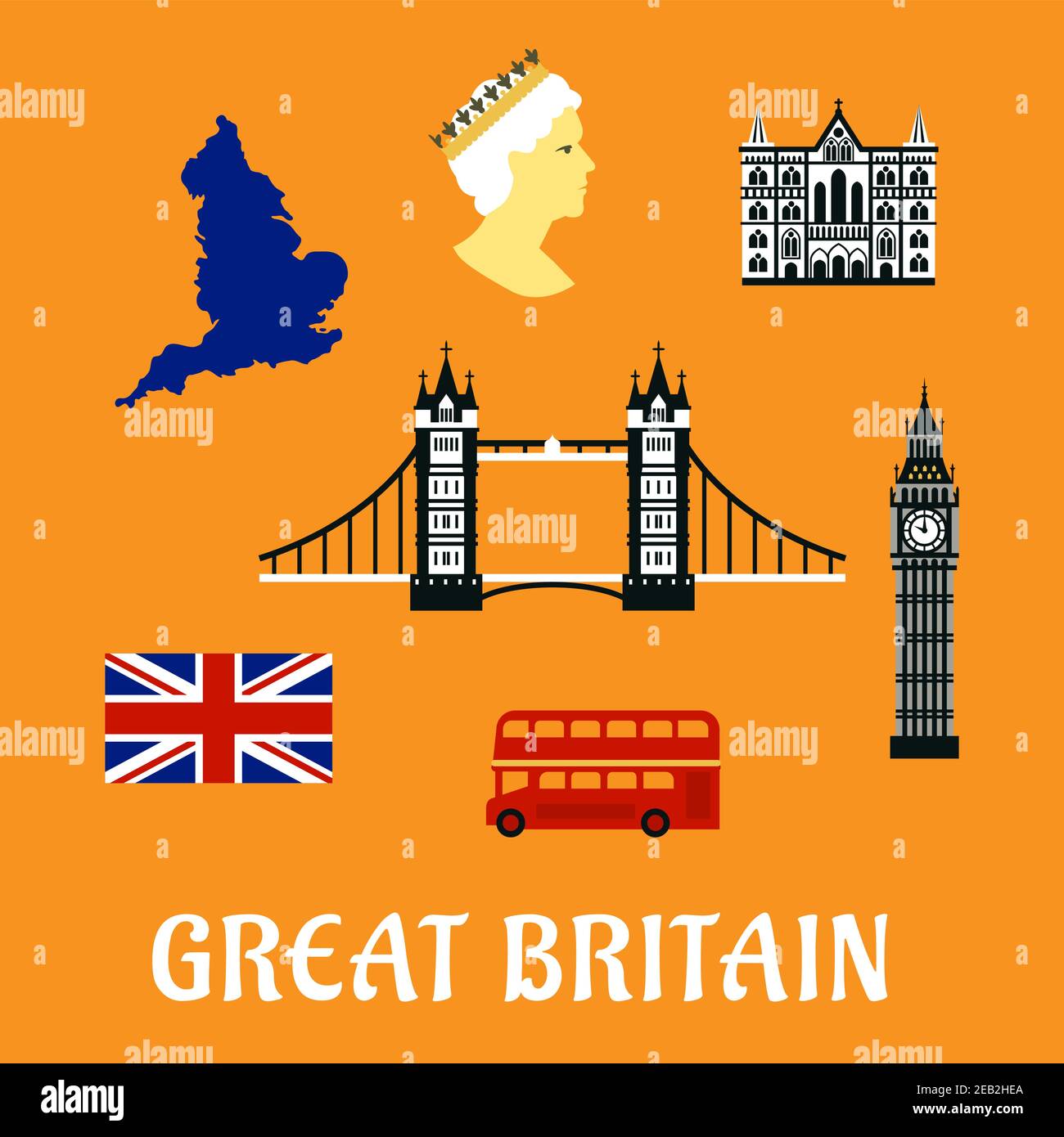 Great Britain travel flat symbols and icons of national flag, map, Tower bridge, Big Ben, cathedral and double decker red london bus Stock Vector