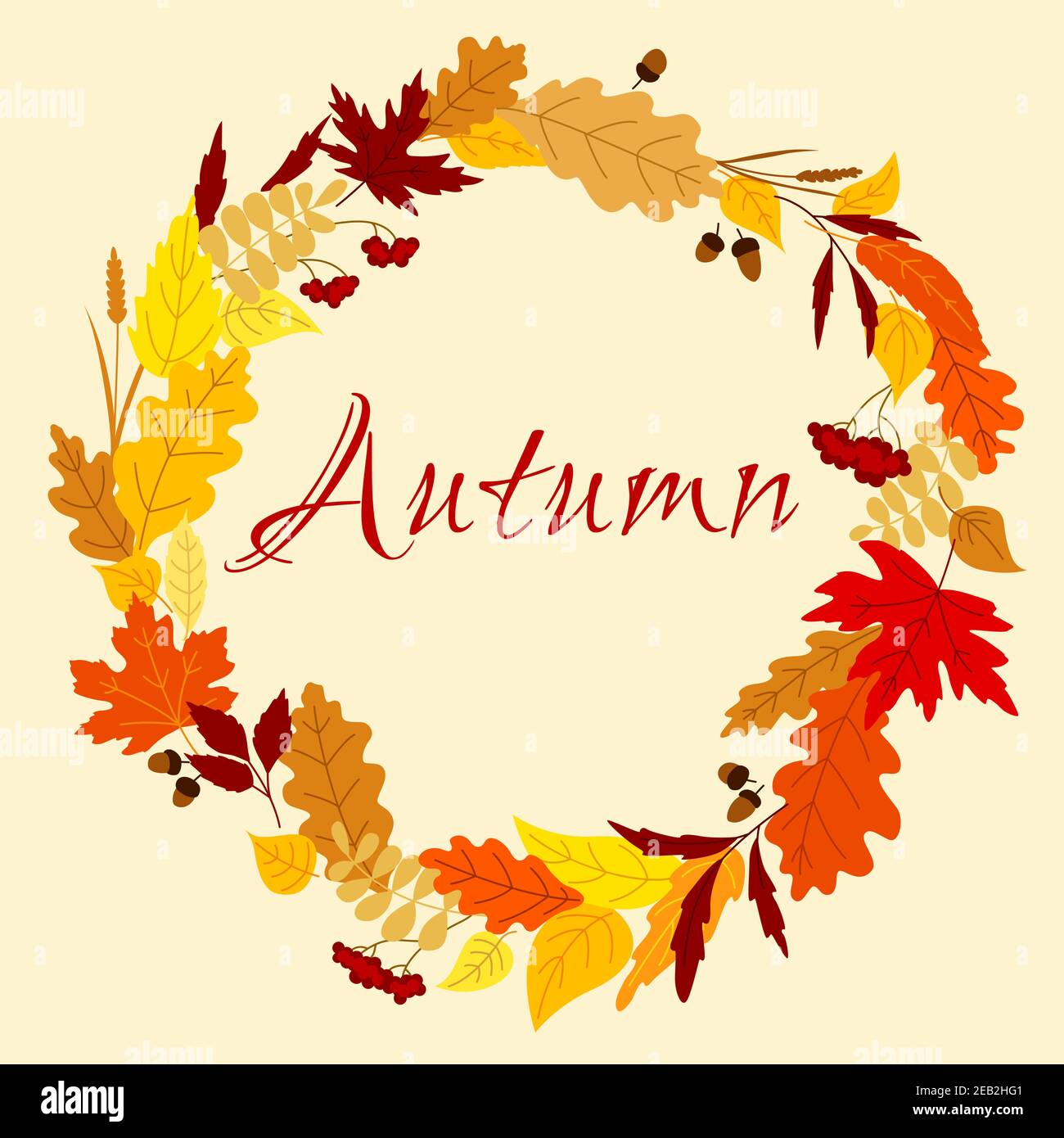 Colorful autumn frame with leaves, herb spikelets, oak acorns and ...