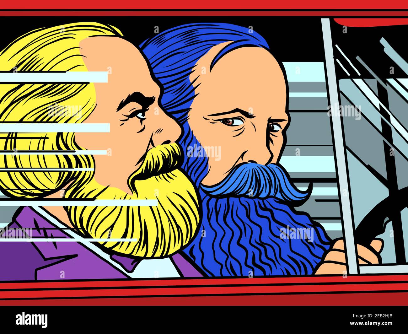Karl Marx and Friedrich Engels in the car Stock Vector