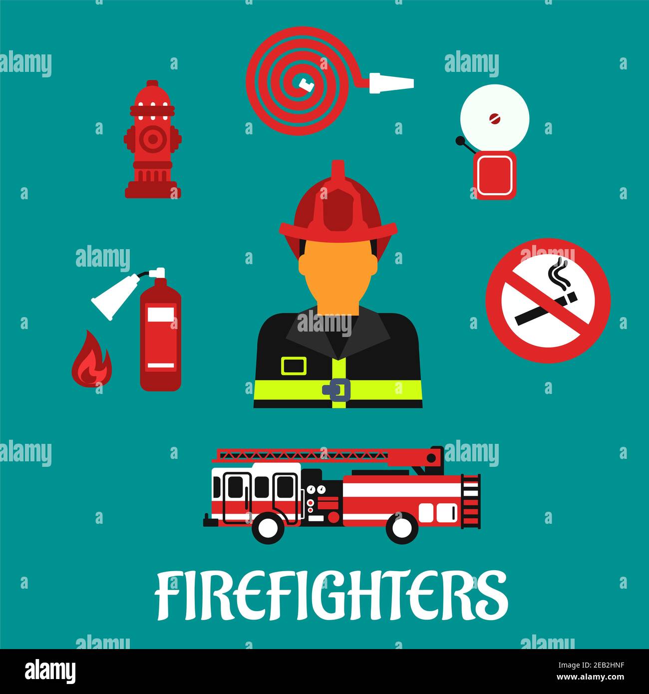 Firefighter profession concept with fireman in red helmet and fully ...