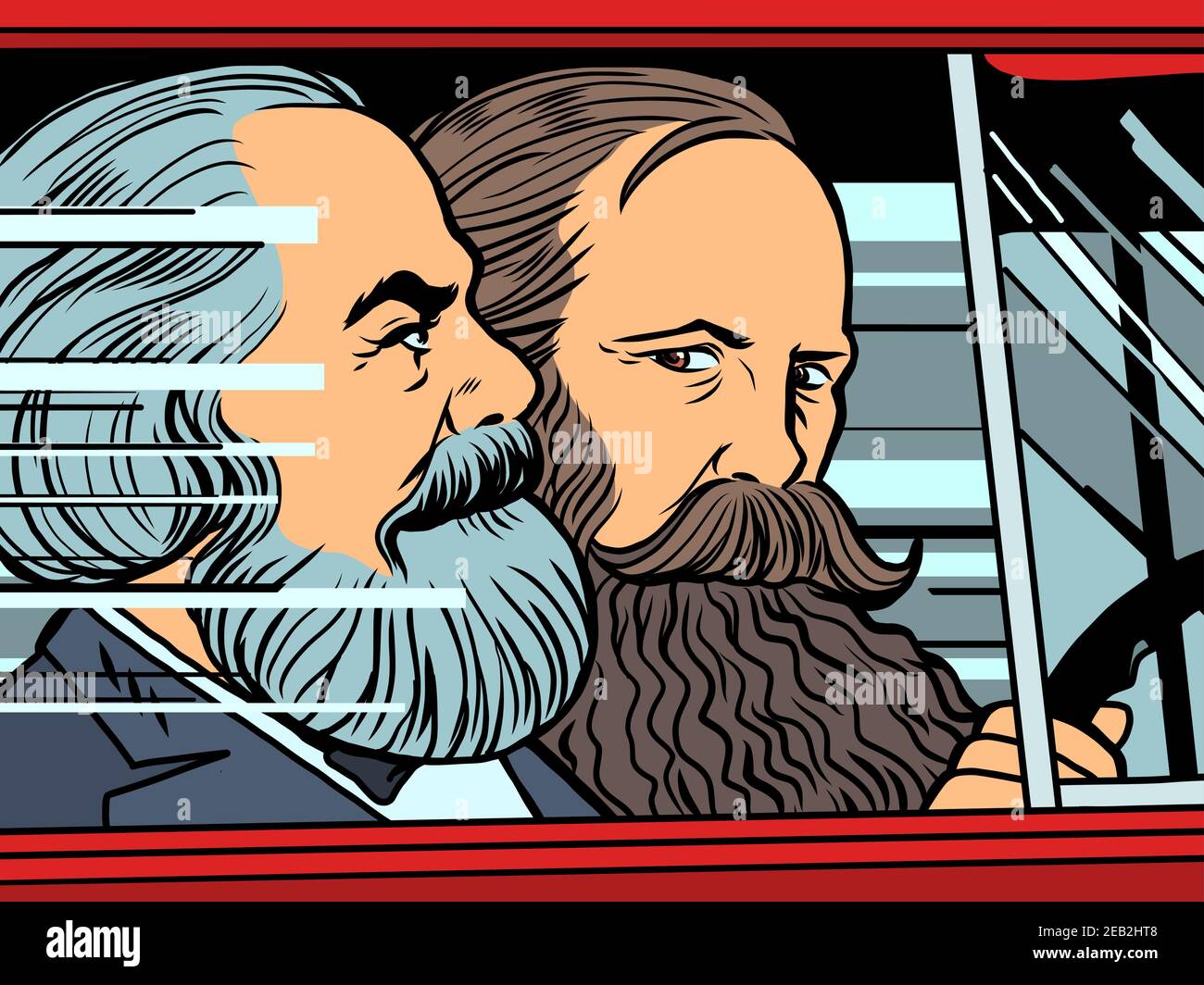 Karl Marx and Friedrich Engels in the car Stock Vector