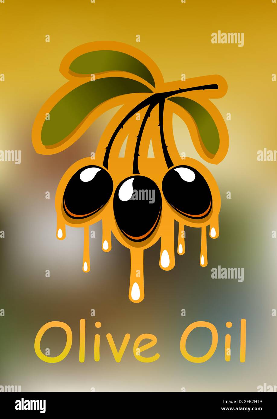 Olive tree branch with black olive fruits and dripping golden oil over