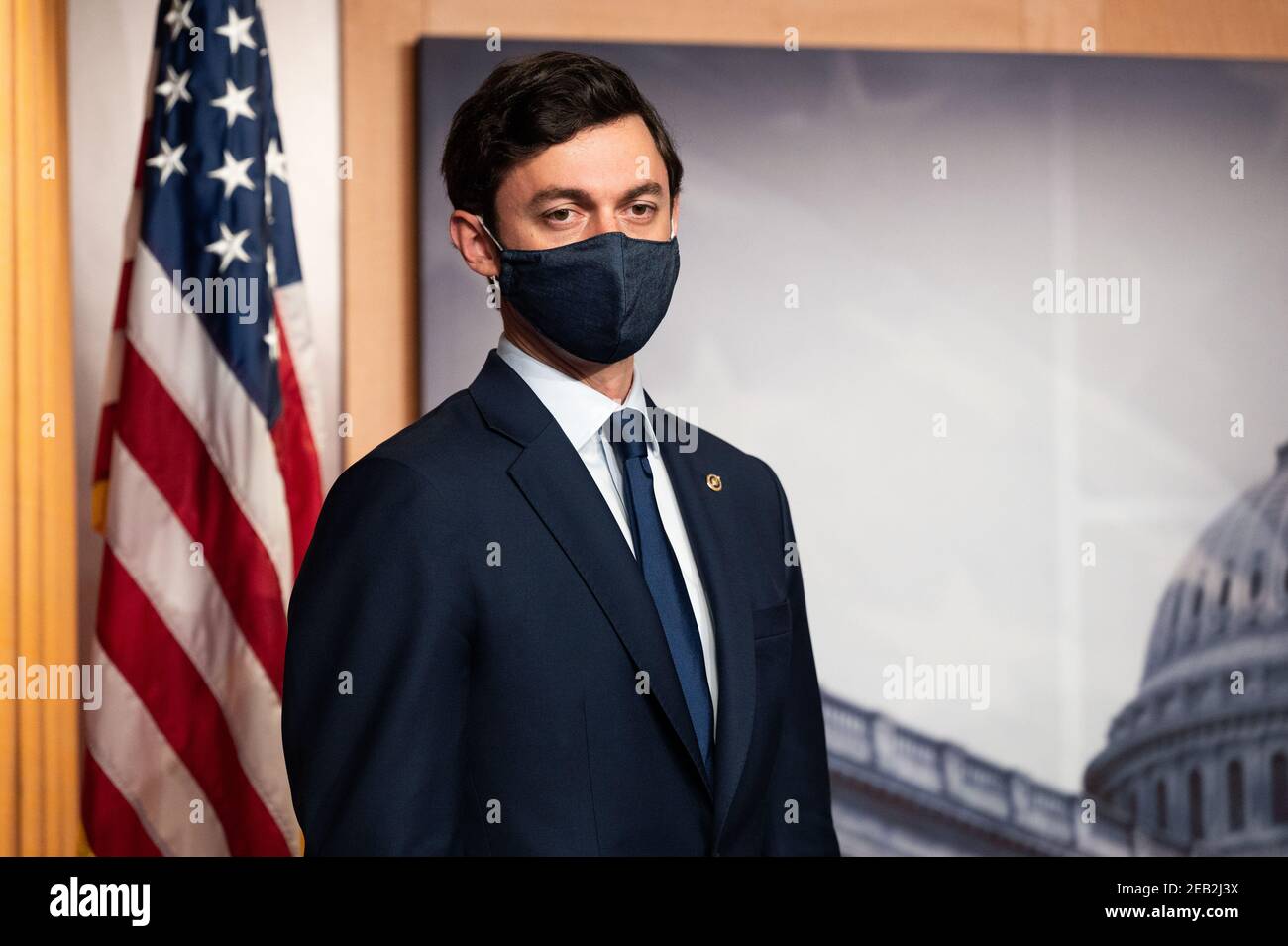 U.S. Senator, Jon Ossoff (D-GA) at a press conference  about the COVID-19 relief legislation being worked on in the Senate. Stock Photo
