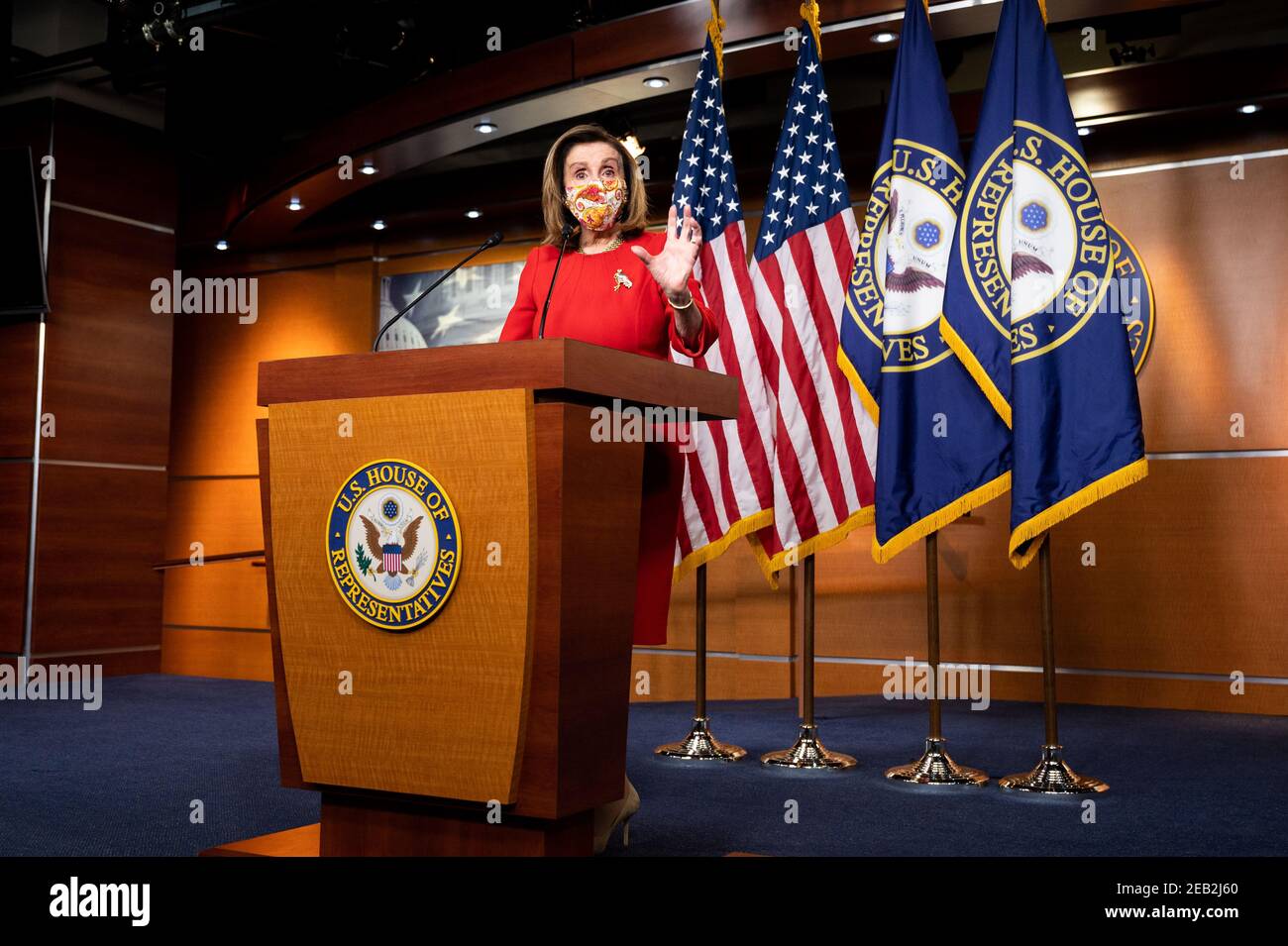 House Speaker, Nancy Pelosi (D-CA) speaking at her weekly press conference at the U.S. Capitol. Stock Photo