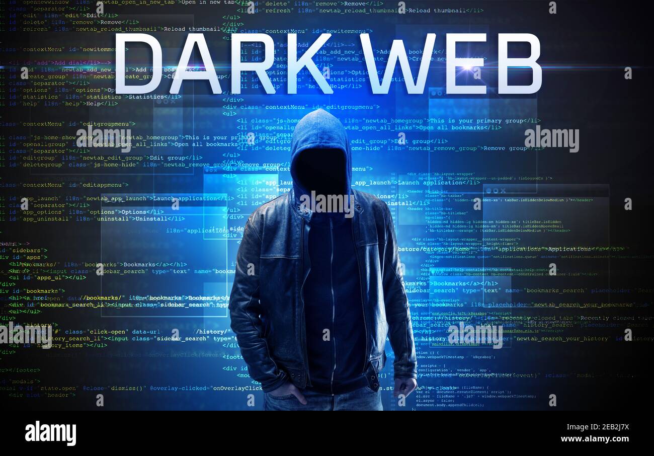 Faceless hacker with DARK WEB inscription on a binary code 