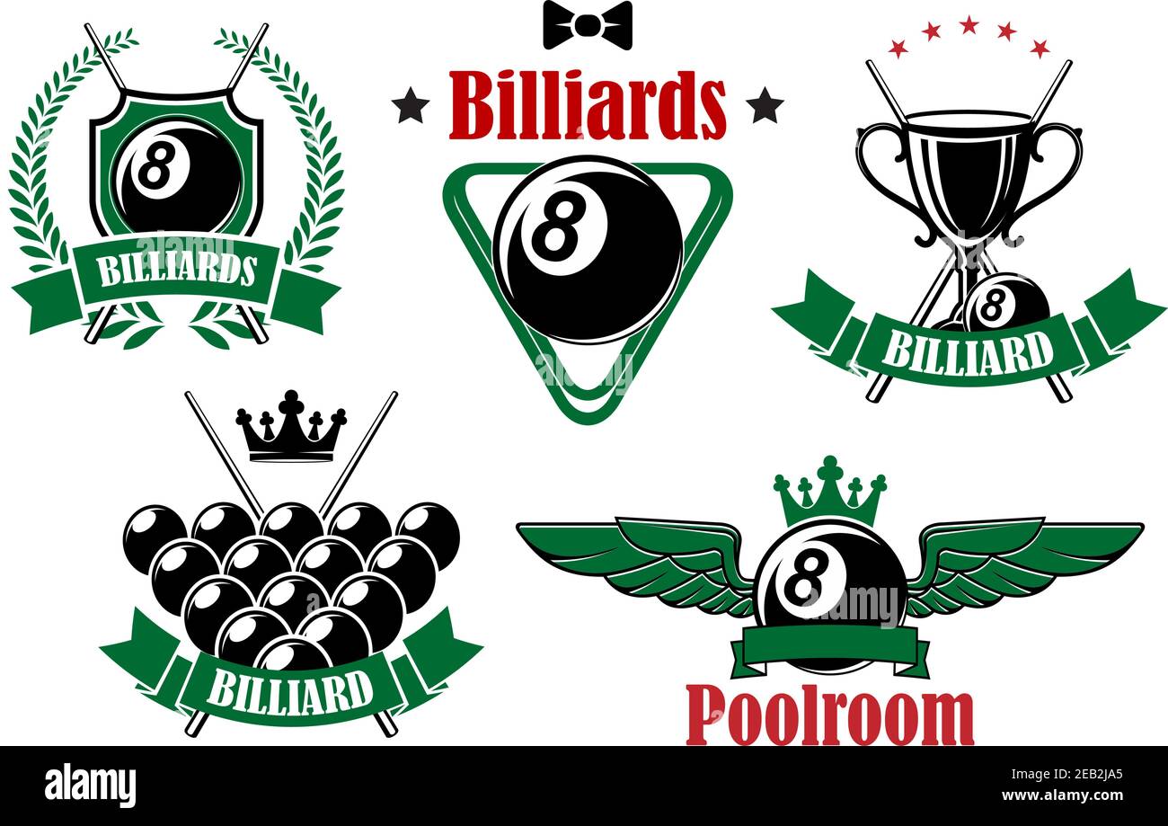 Billiards and poolroom icons with black balls, crossed cues, trophy cup and triangle rack adorned by stars, wings, crowns, wreath and ribbon banners Stock Vector