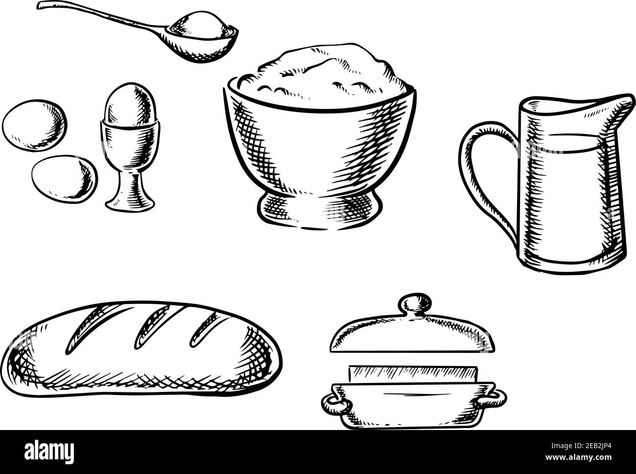 Black and white sketch baking ingredient icons with eggs, flour, milk, bread and butter Stock Vector