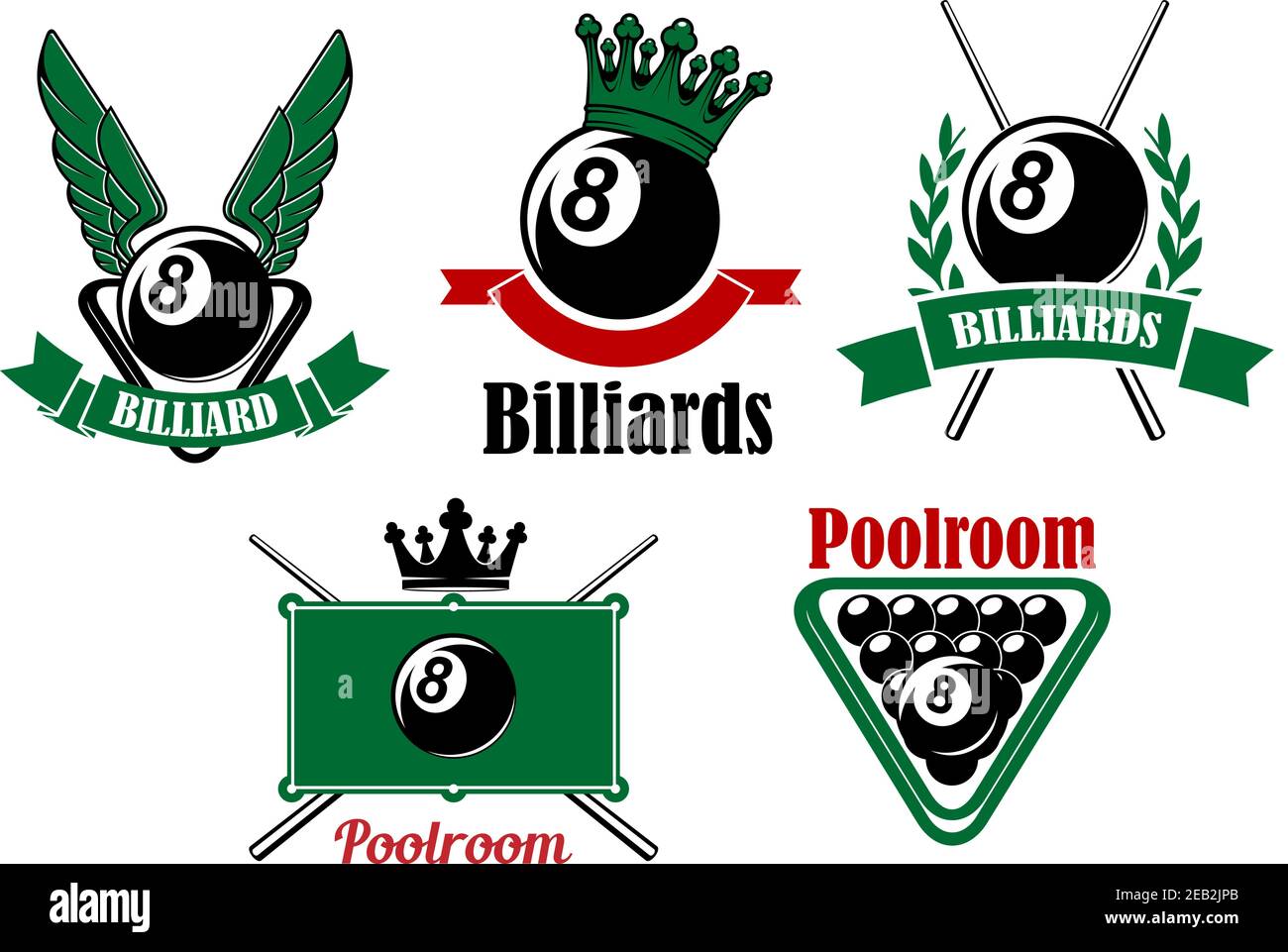Billiard and poolroom emblems or icons set with wings, crown, crosses cues, ball and decorations Stock Vector