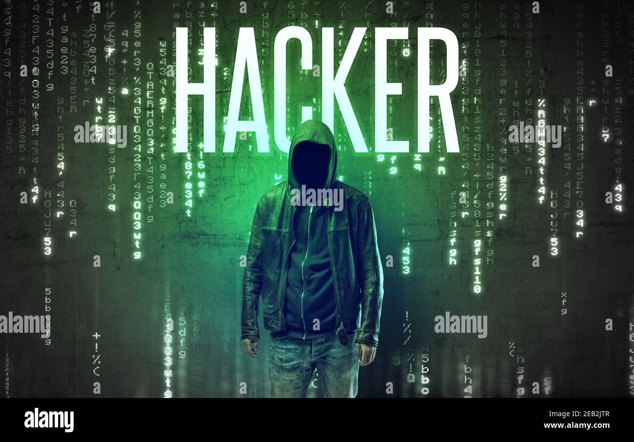 Faceless hacker with HACKER inscription, hacking concept Stock Photo