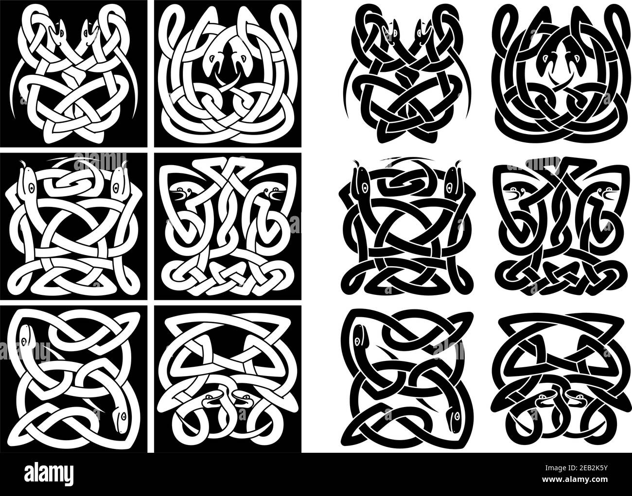 Snakes and reptiles celtic patterns in black or white colors. For art or tattoo design Stock Vector