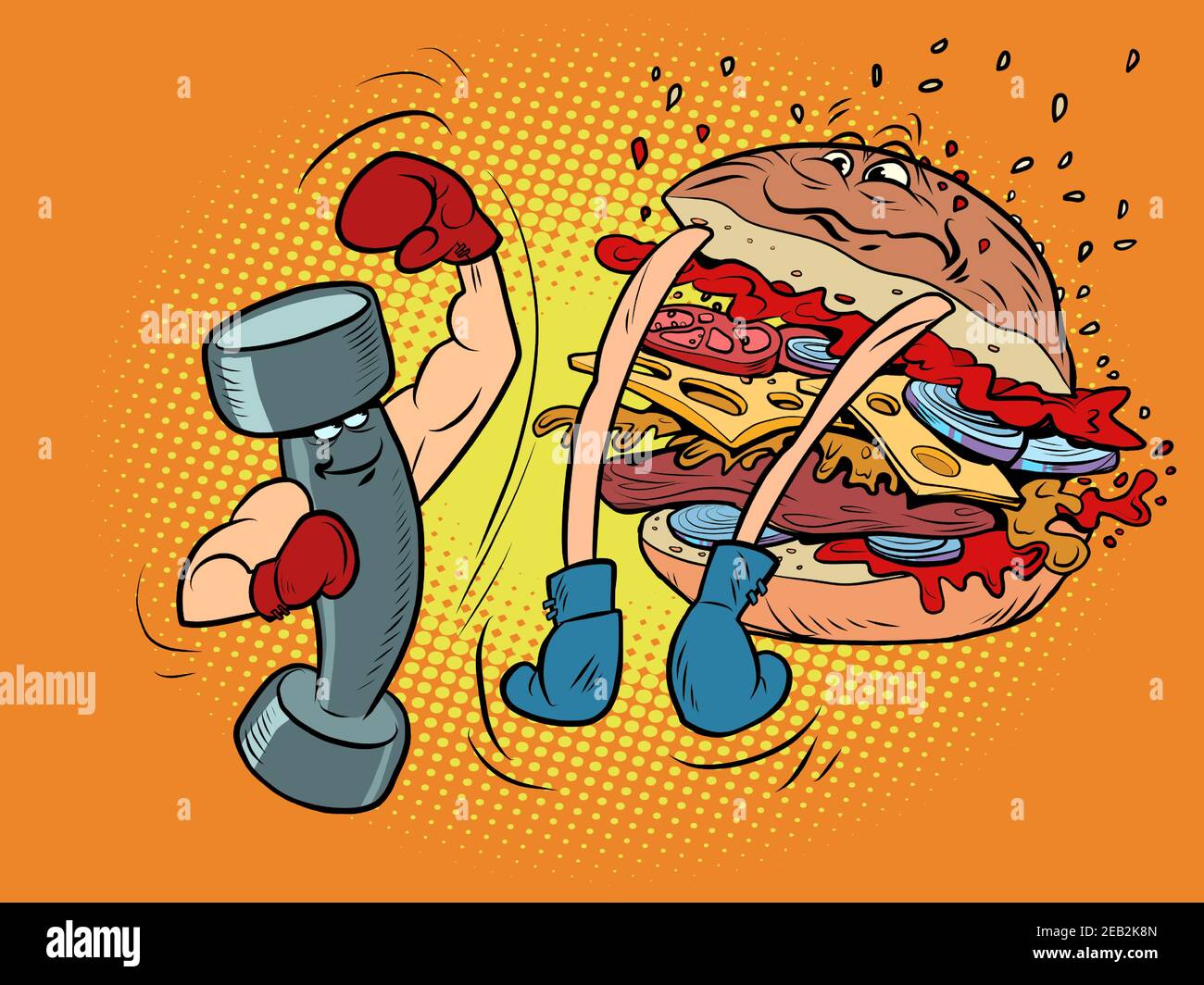 Dumbbell boxing against burger. Sports lifestyle versus harmful Stock Vector