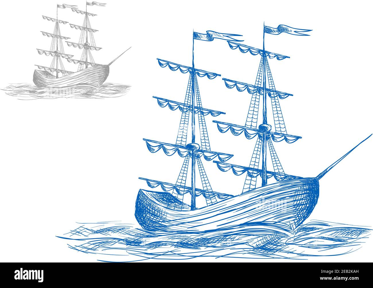 Medieval sail ship in ocean waves, for travel or adventure themes