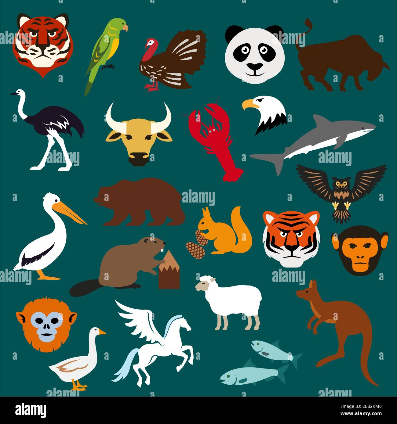 Animal and bird icons including tiger, parrot, panda, bear, kangaroo, pelican, beaver, ostrich, turkey, shark eagle lobster bull squirrel owl, monkey Stock Vector