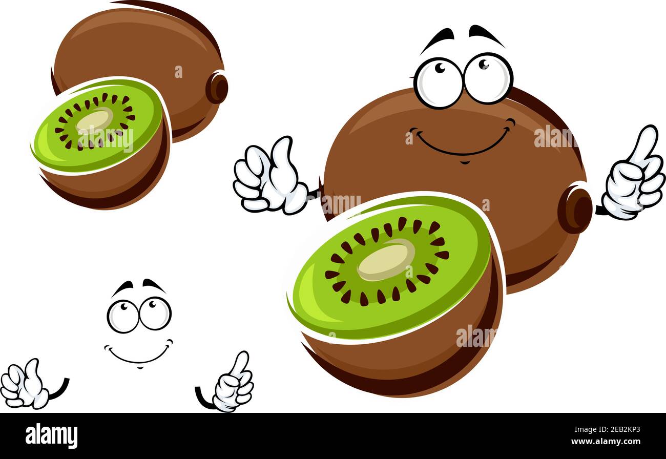 Funny whole and sliced kiwi fruit cartoon character with green juicy flesh and black seeds in the center. Isolated on white background Stock Vector
