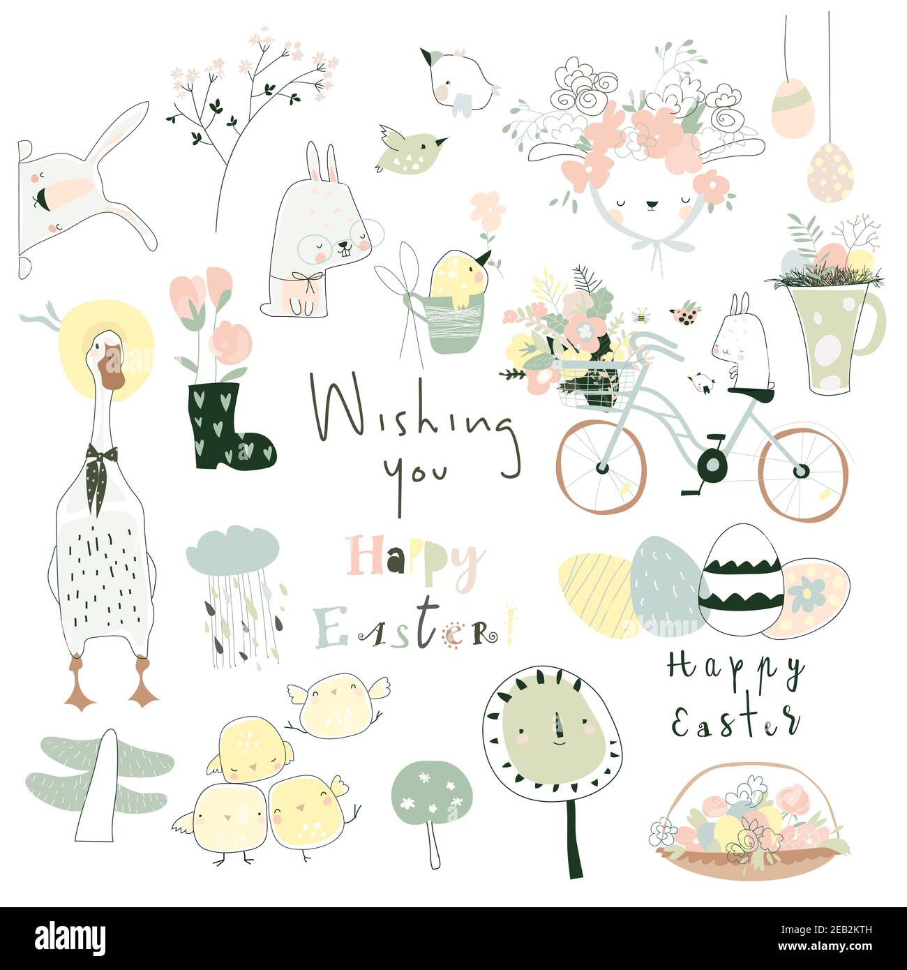 Cartoon Easter set with flowers ,easter eggs and rabbits Stock Vector