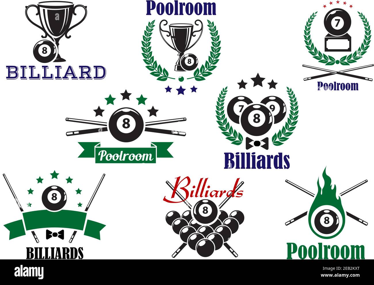 Billiard game or poolroom icons and symbols with balls, trophy cup, crossed cues and decorations Stock Vector