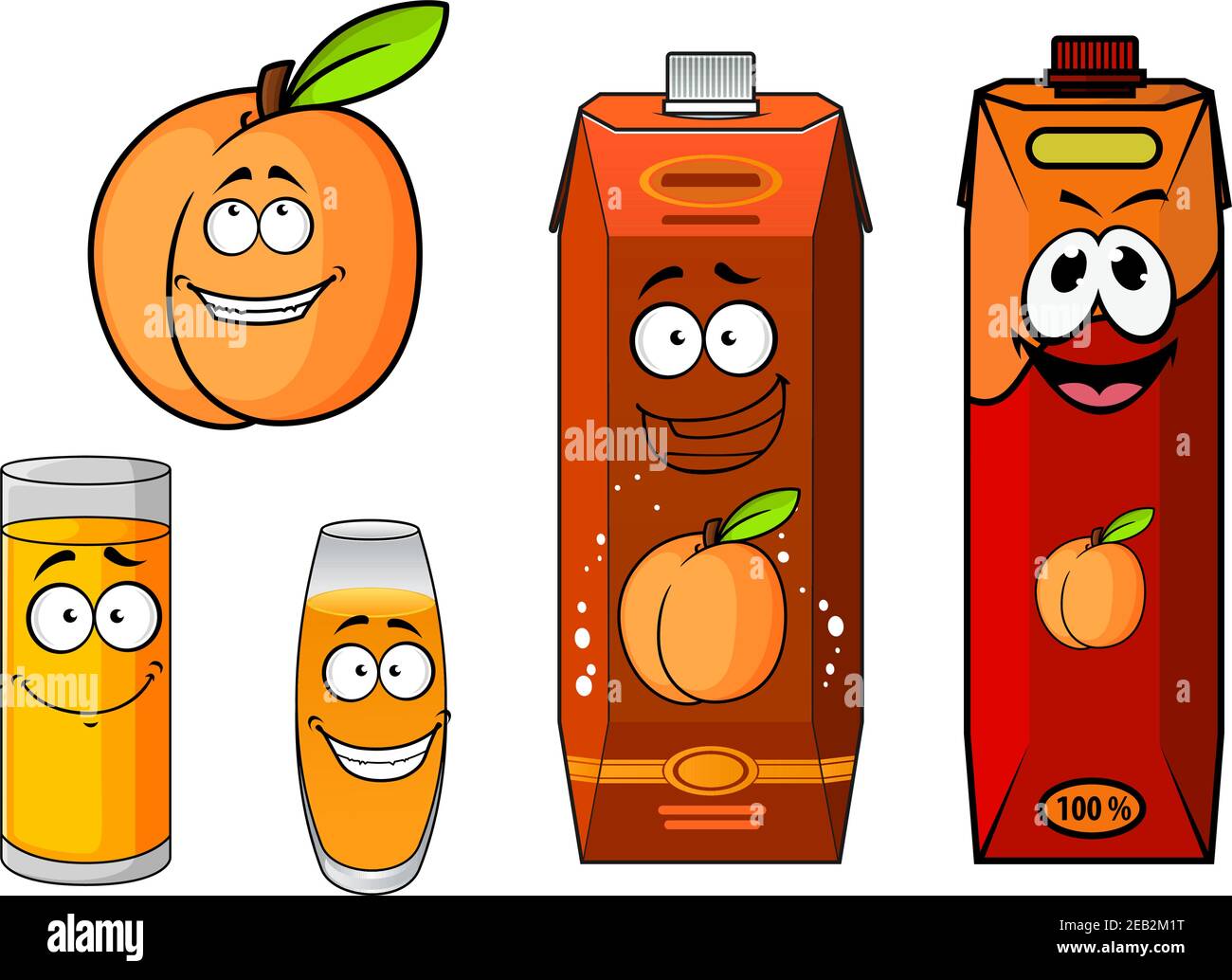 Cartoon apricot juice cardboard packs with fresh orange apricot fruit