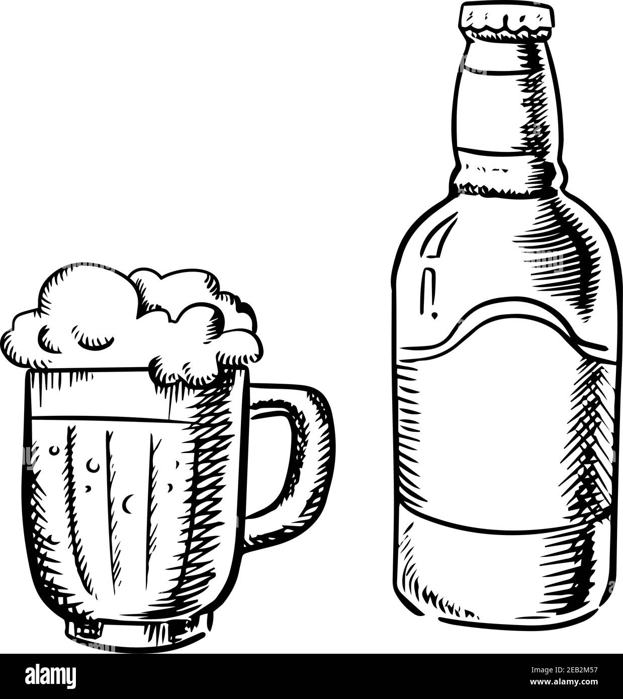 Beer bottle and filled tankard with overflowing froth head, outline sketch style Stock Vector