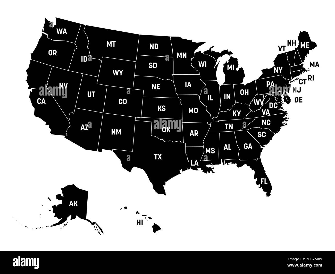 Black Map Of United States Of America USA With State Postal Black Map Of United States Of America Usa With State Postal Abbreviations Simple Flat Vector Illustration 2EB2M89