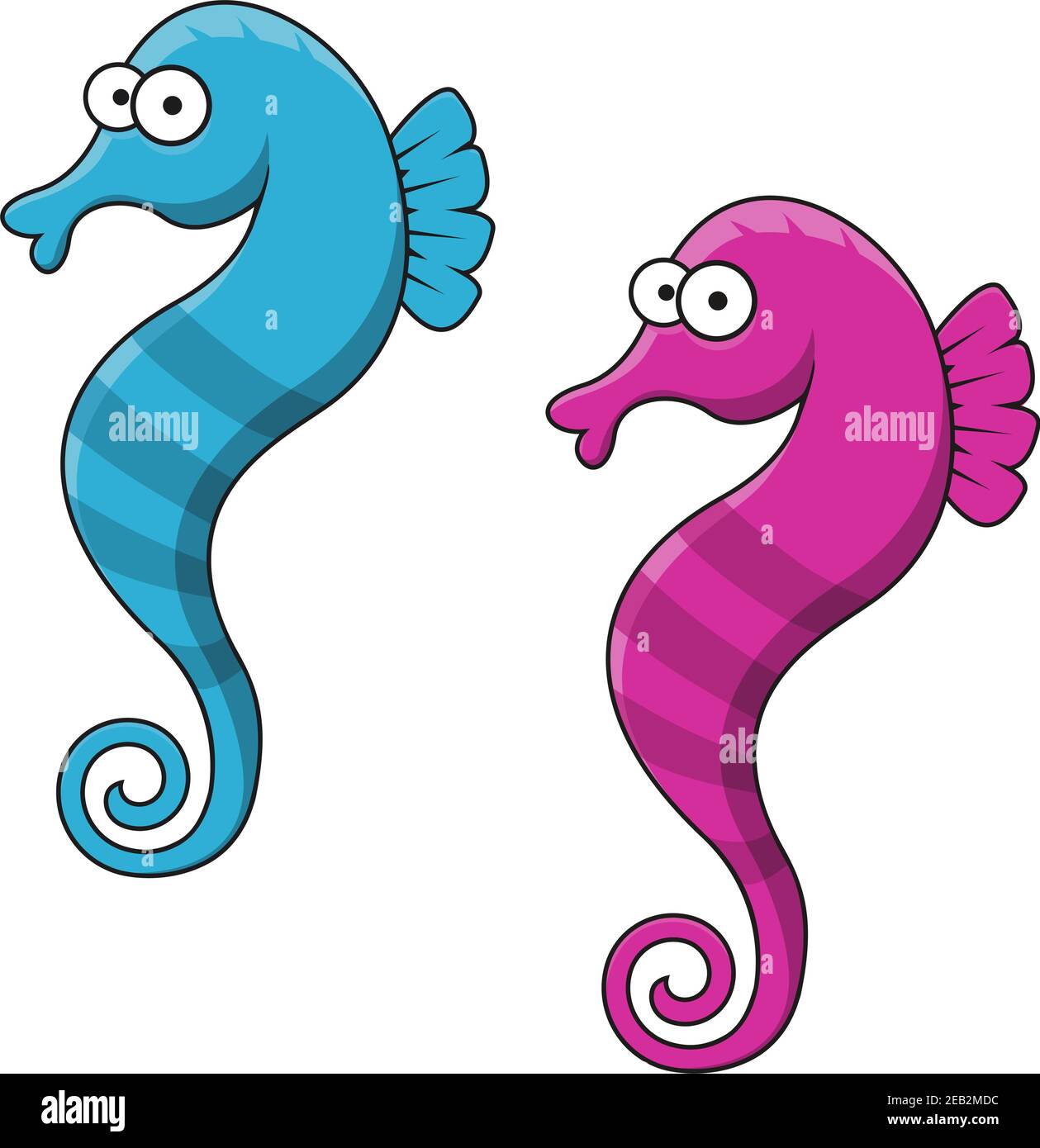 Funny striped blue and pink seahorse fishes cartoon characters with decorative wavy fins for underwater wildlife or aquarium mascot design Stock Vector