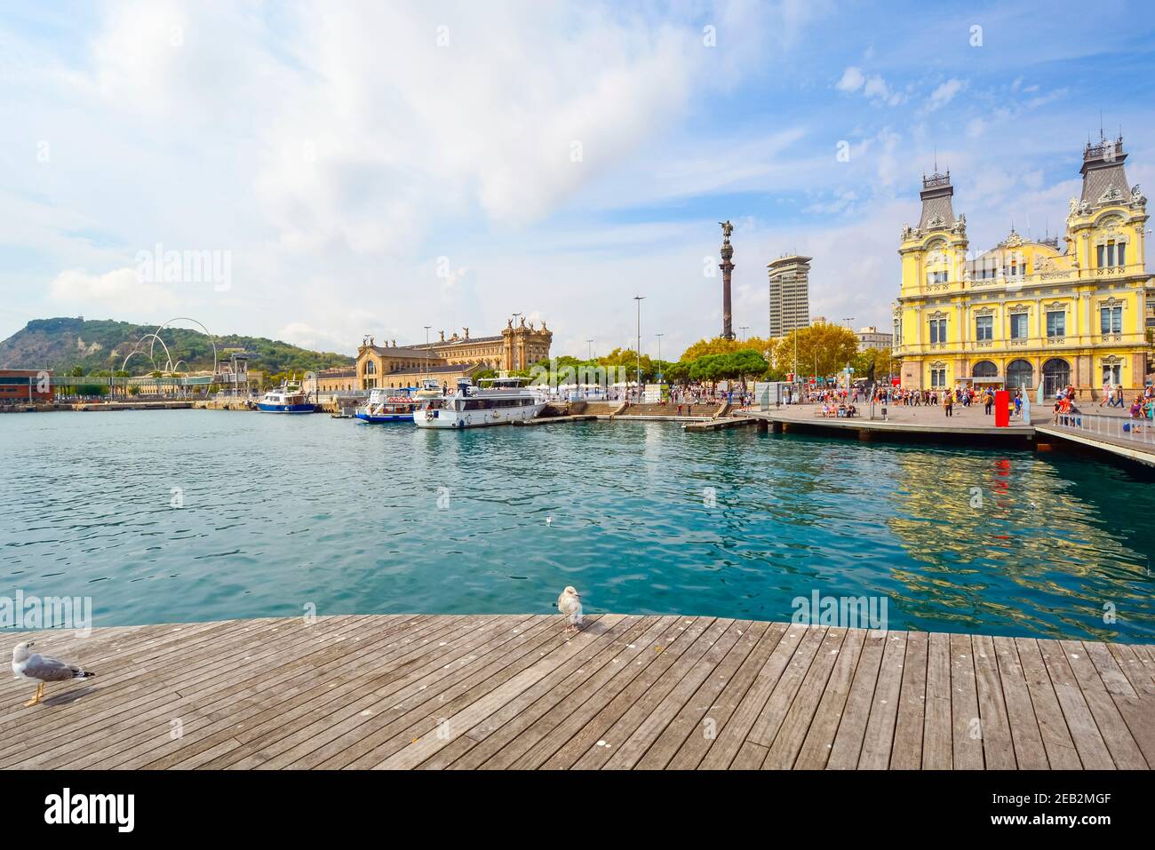 The boardwalk and Mediterranean sea and coast on a sunny summer day in Barcelona Spain Stock Photo