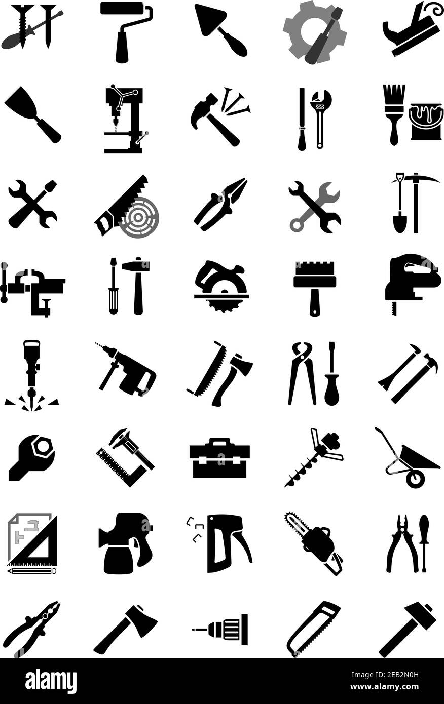 Black icons of screwdrivers and hammers, wrenches and pliers, saws, axes and drills and brush, roll and shovel, toolbox and jack plane, trowel and spa Stock Vector
