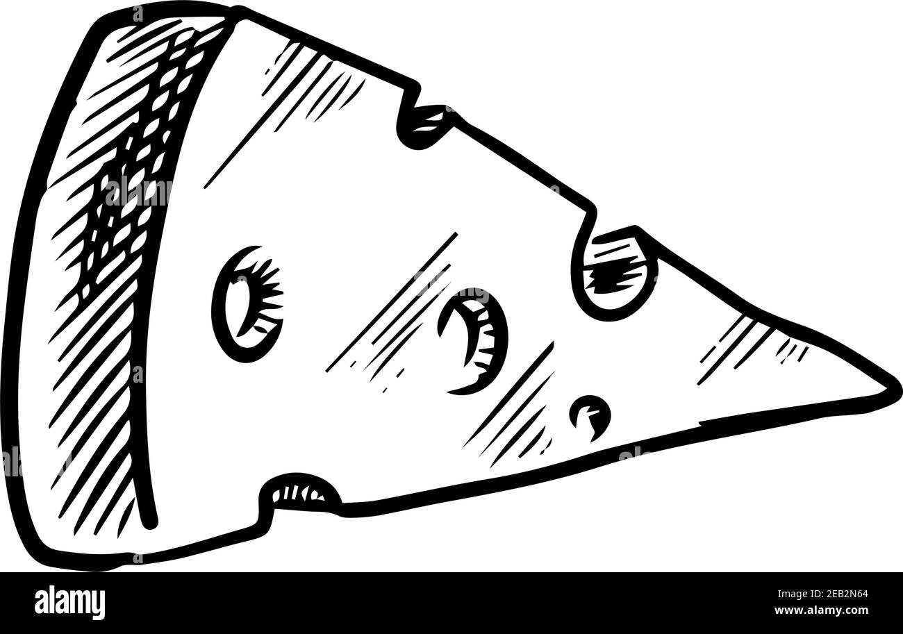 Cheese slice with holes isolated on white background, sketch style