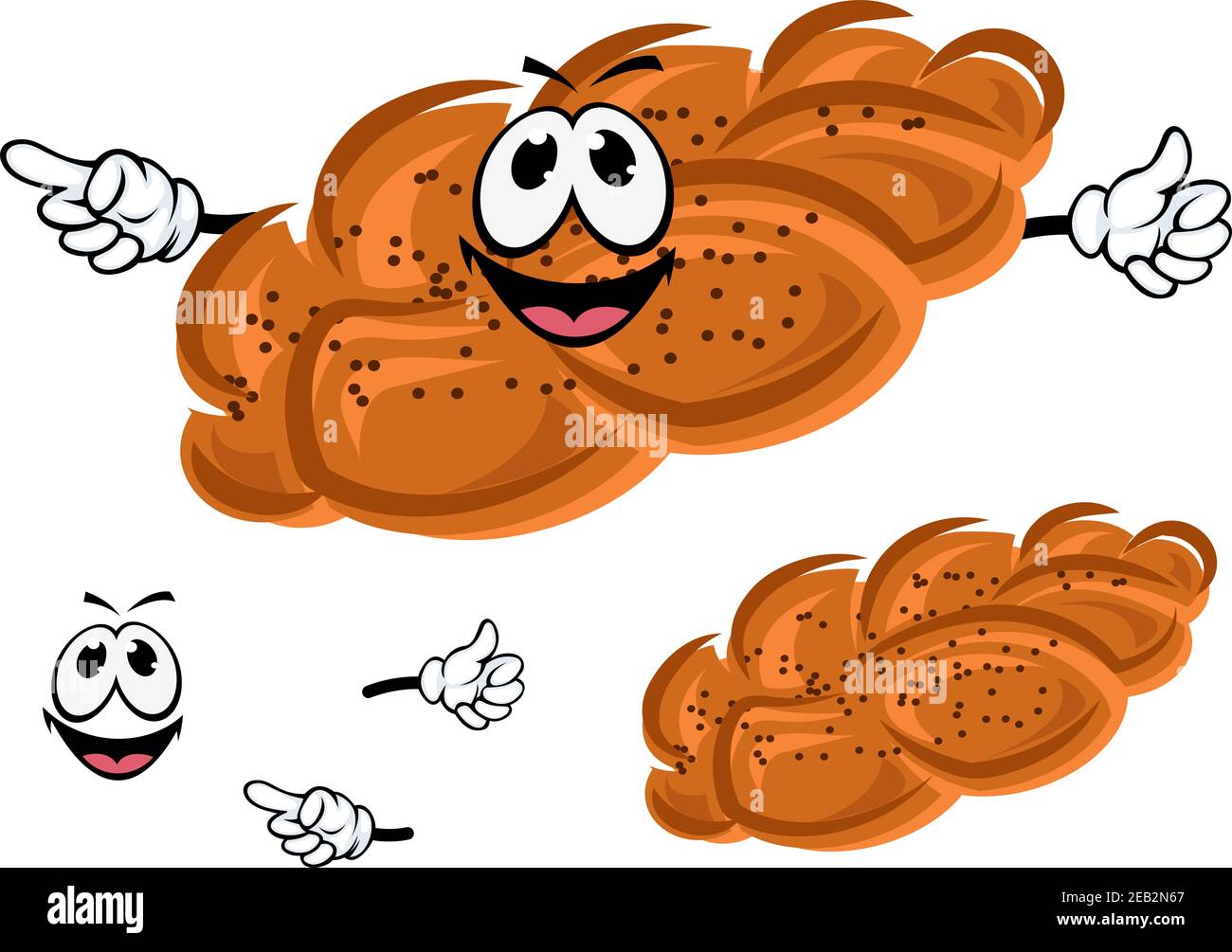 Happy sweet plaited bun cartoon character with poppy seeds and cheerful