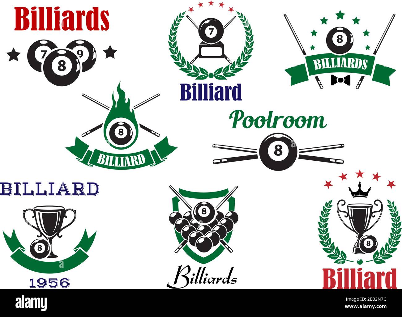 Billiards sports icons with billiard balls, cues and trophy cups, decorated by flame, stars, crown, heraldic shield, laurel wreaths and ribbon banners Stock Vector
