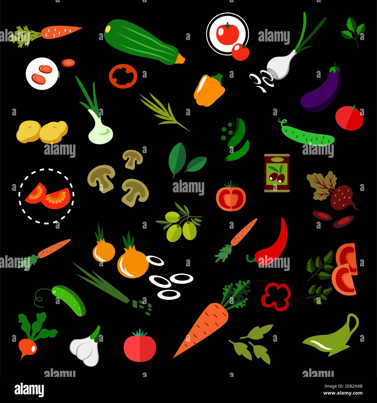 Flat icons of fresh vegetables with tomatoes, carrots, cucumbers, onions, potatoes, chili and bell peppers, green peas, fresh and pickled olives, zucc Stock Vector