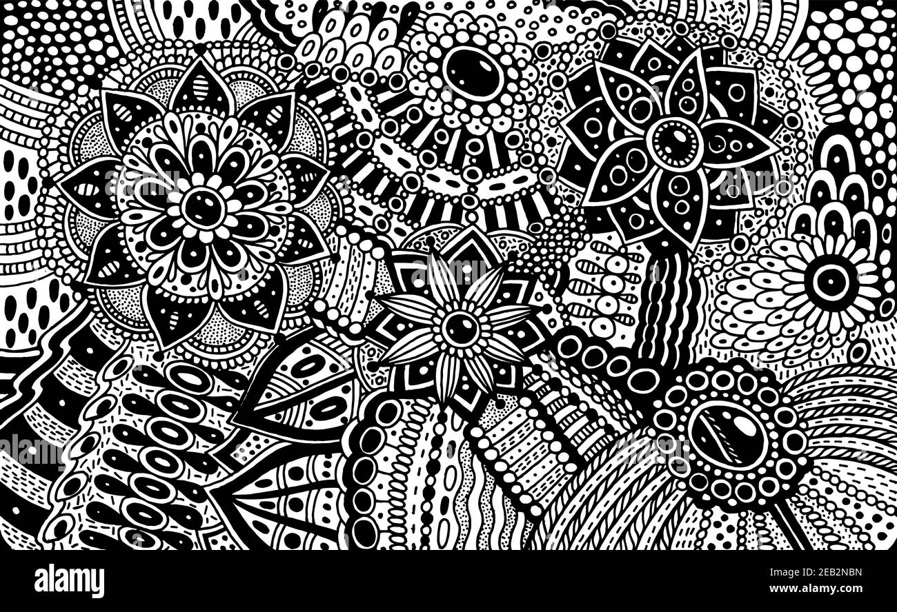 Flower ornament with patterns and leaves. Zendoodle surreal coloring page for adults. Abstract trippy pattern. Psychedelic art. Vector artwork Stock Vector