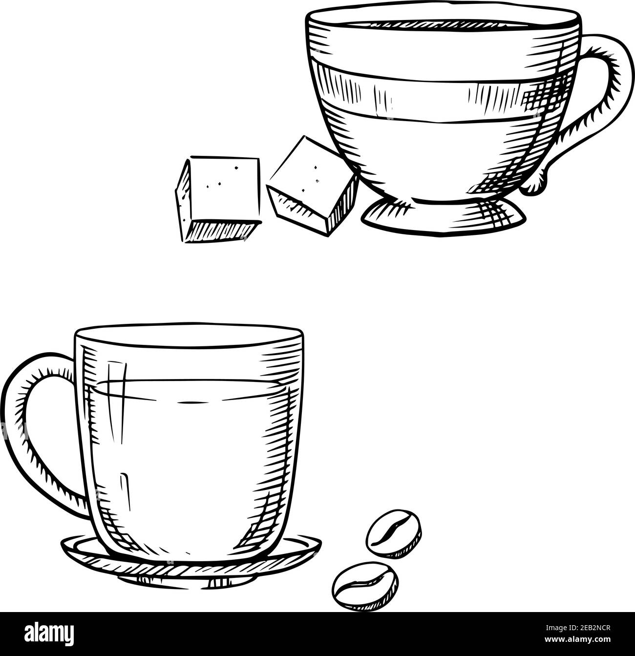 Elegant porcelain and glass cups of coffee and tea with sugar cubes and