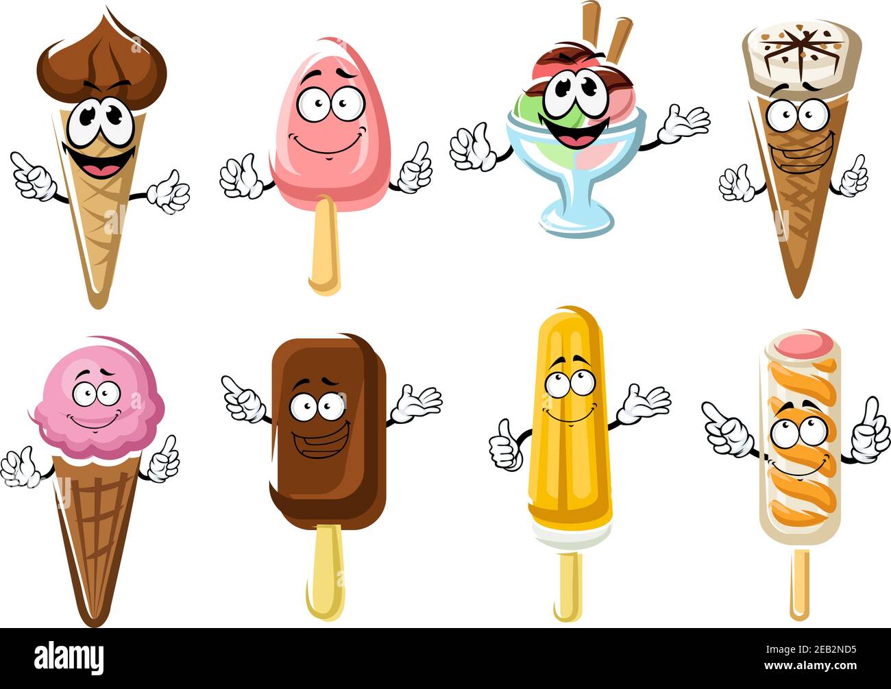 Happy cartoon ice cream cones, popsicles and ice cream sundae