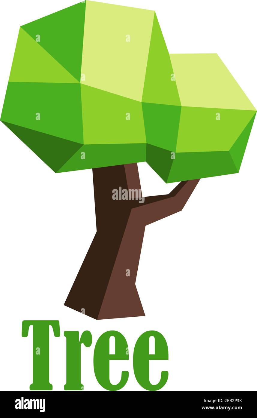 Green 3D polygonal tree abstract icon isolated on white background with caption Tree, low poly style Stock Vector