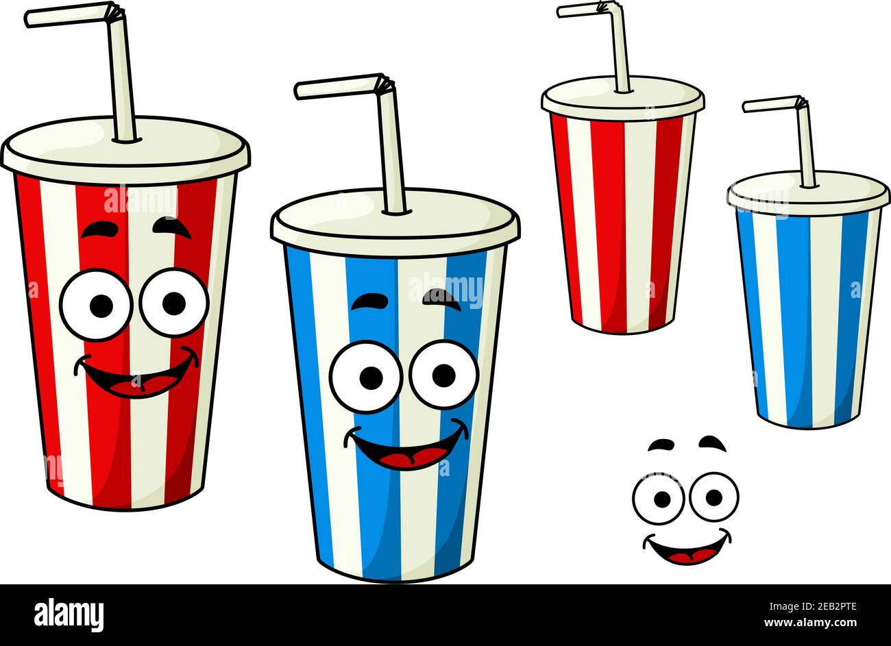 Takeaway red and blue soda striped cups cartoon characters with drinking straws and charming smiles, for fast food theme design Stock Vector