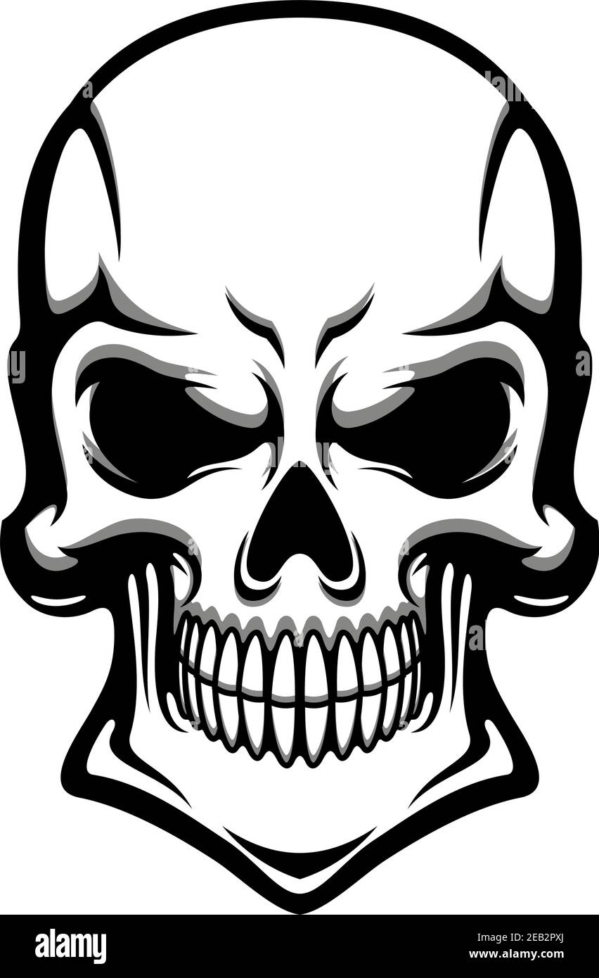Angry human skull with eerie grin isolated on white background. For t-shirt or tattoo design, cartoon style Stock Vector