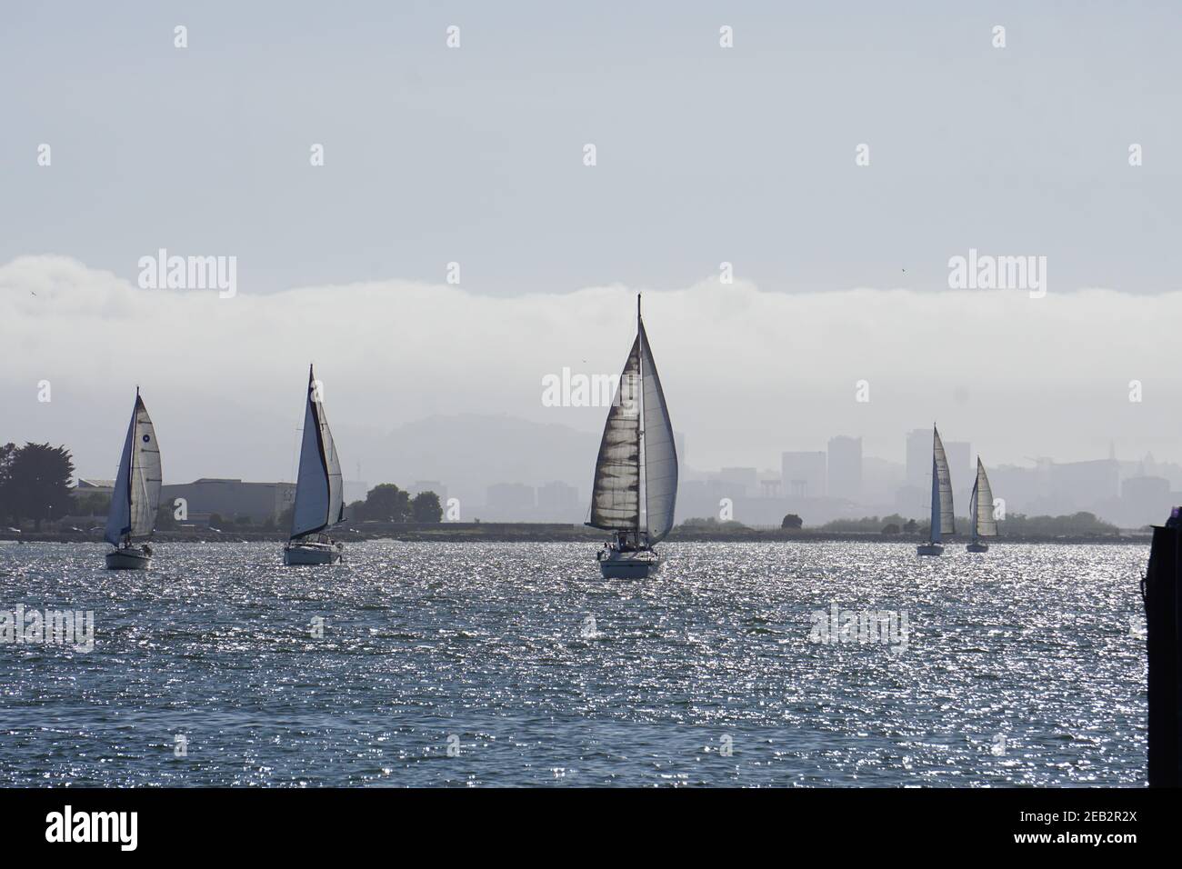 Sailboats entering Oakland Inner Harbor, at Jack London Square, with San Francisco skyline behind. Port of Oakland, CA, USA. Stock Photo