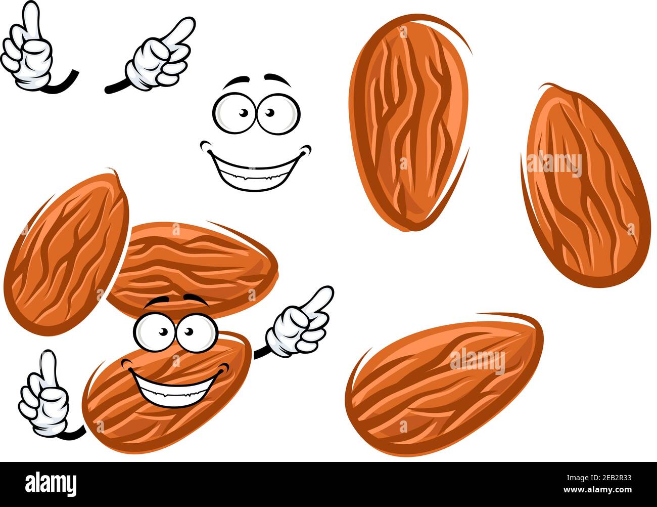 Joyful almond seed cartoon character with brown peel, isolated on white
