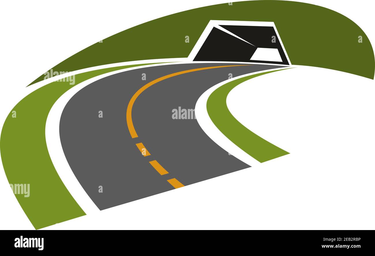 Highway tunnel abstract icon with underpass road through green steep hill, isolated on white background. For transportation design Stock Vector