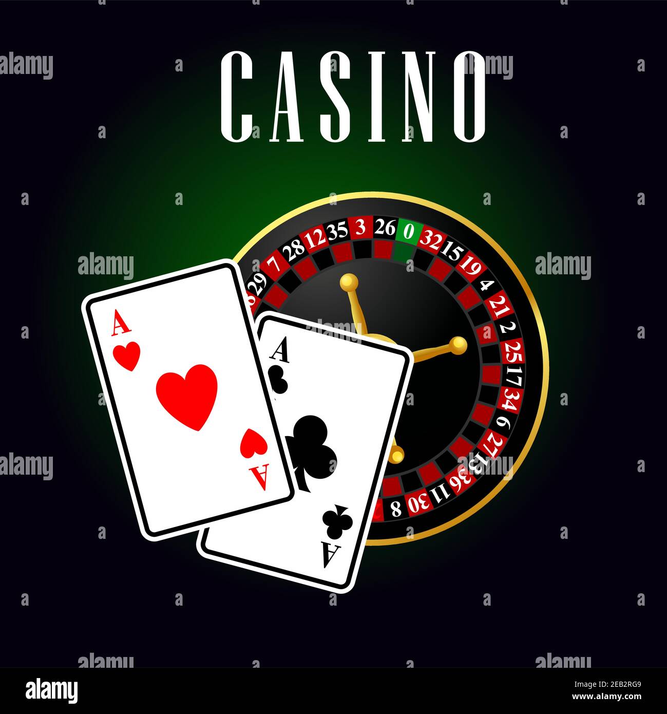 Casino symbol with ace cards over roulette on green with black background. For casino and gambling theme Stock Vector