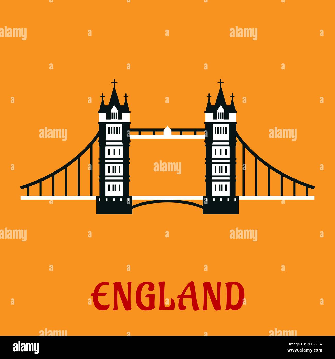 Travel landmark of Great Britain flat icon with the Tower Bridge over the Thames river in London, with caption England Stock Vector