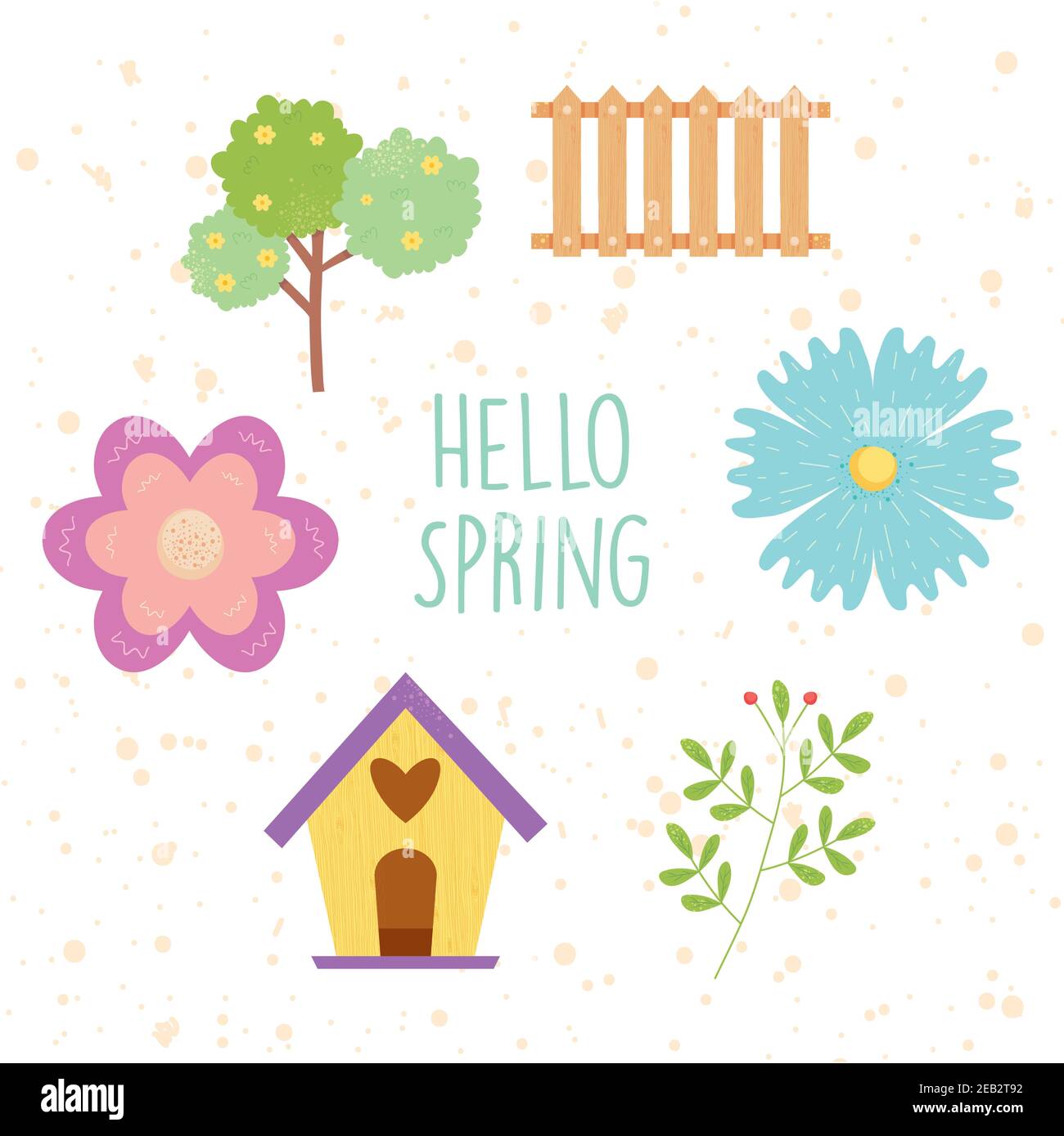 hello spring design with flowers and related icons around over white ...