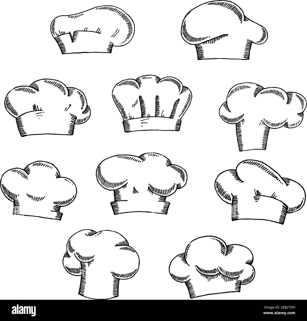 Traditional chef or baker hats and toques sketch icons with stylish draperies, for restaurant or bakery themes Stock Vector