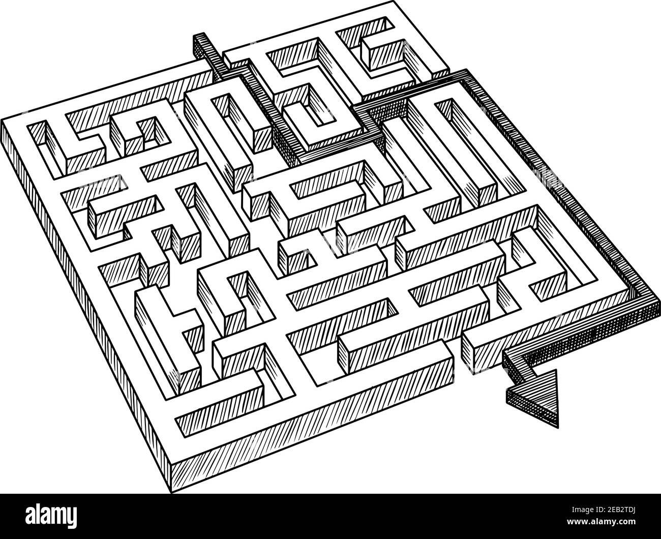 Sketch of labyrinth or maze, solved by arrow, showing a workaround solution, for success theme design Stock Vector