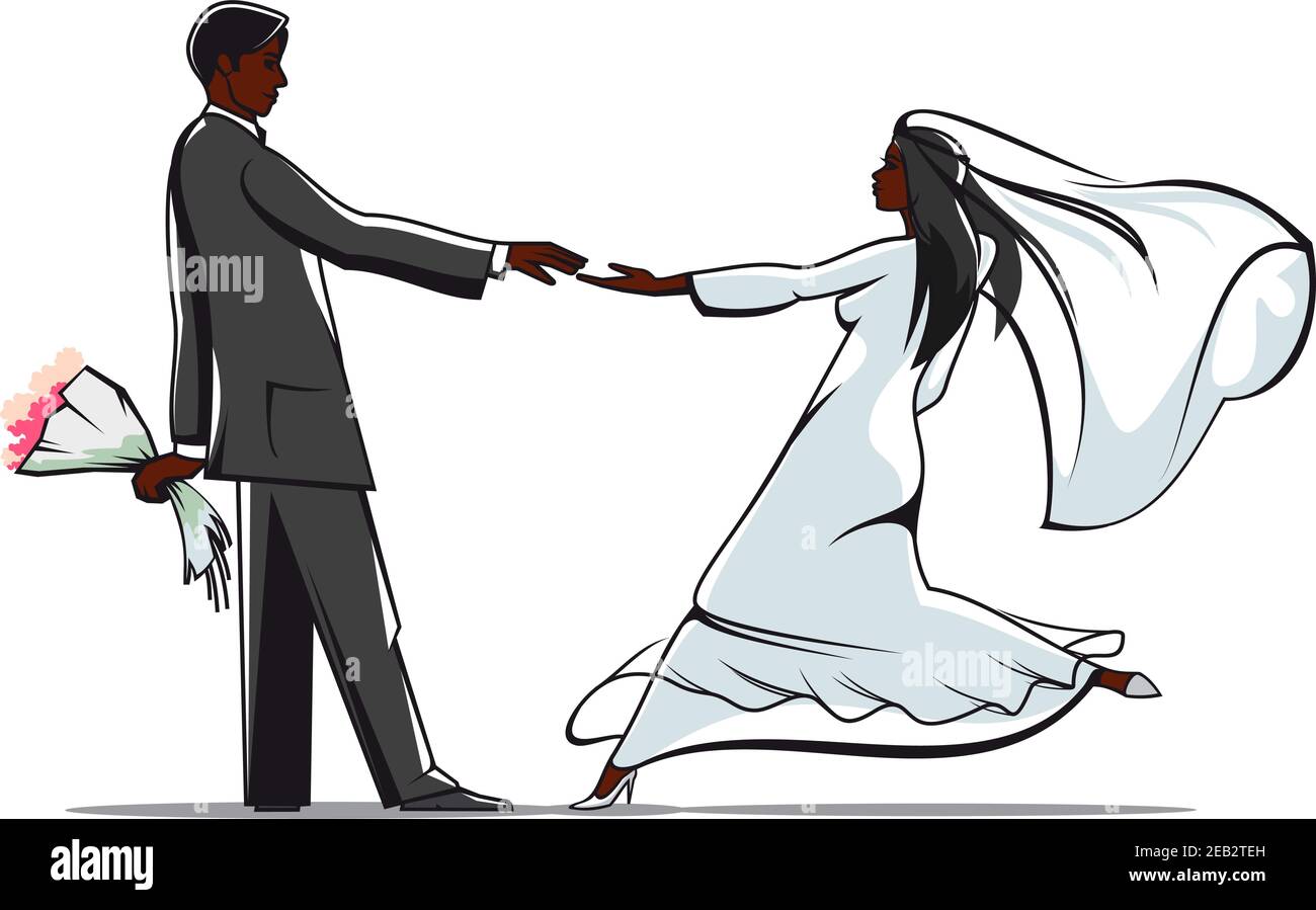 African american bride and groom in elegant wedding outfits joining ...